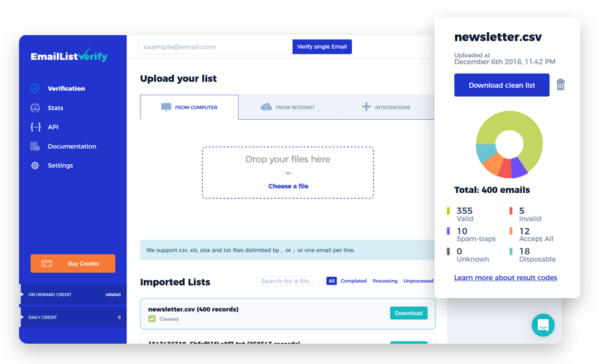 Screenshot of EmaiListVerify dashboard